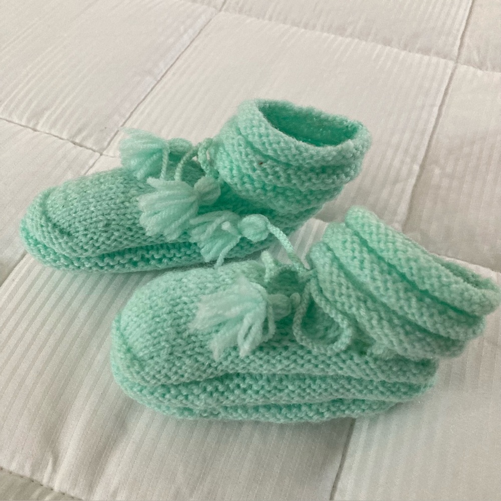 Hand knit, baby slippers, mint green
